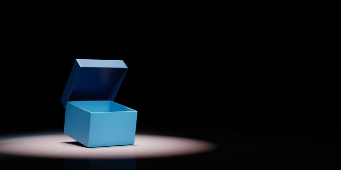 Simple Open Blue Box with Cover Spotlighted on Black Background with Copy Space 3D Illustration