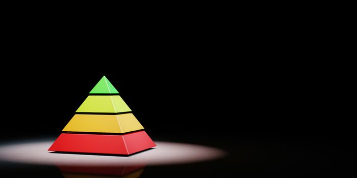 Four Levels Pyramid Structure Red to Green Color Spotlighted on Black Background with Copy Space 3D Illustration