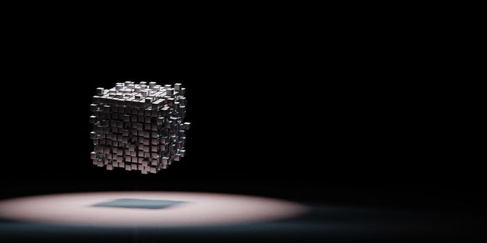 Metallic Cubes Aggregation Spotlighted on Black Background with Copy Space 3D Illustration