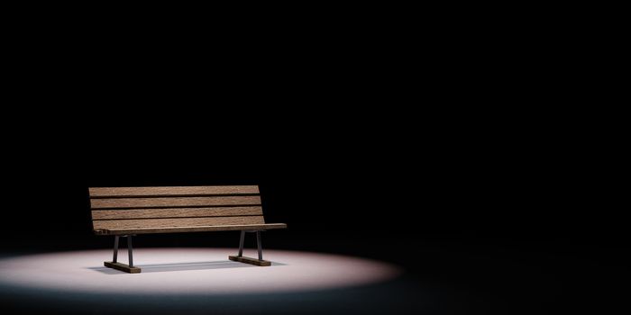 One Single Wooden Bench Spotlighted on Black Background with Copy Space 3D Illustration