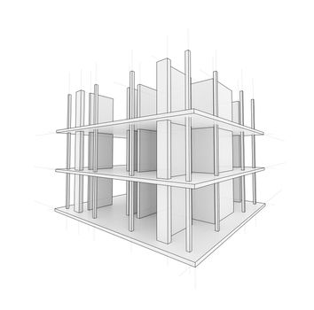 Drawing or sketch of a house under construction. Construction site. Main line, back contour and auxiliary lines. 3D illustration