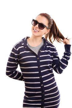Portrait of a beautiful smiling casual girl with sunglasses playing with her hair, isolated on white background.