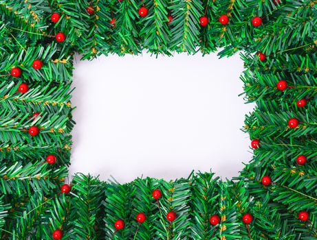 Happy New Year and Christmas day, top view flat lay composition decoration branches tree on white background with copy space for your text