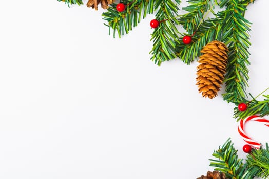 Happy New Year and Christmas day, top view flat lay composition decoration on white background with copy space for your text