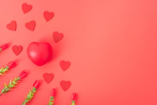 Valentine's Day background, Top view Flat lay Red heart on red background. Valentines day concept with copy space