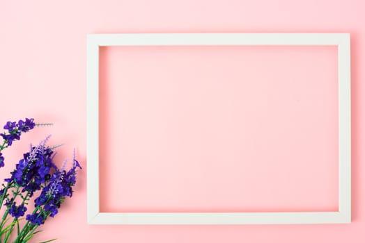 Valentine's Day Concept, Top view Flat lay, photo frame on Pink background with copy space for your text