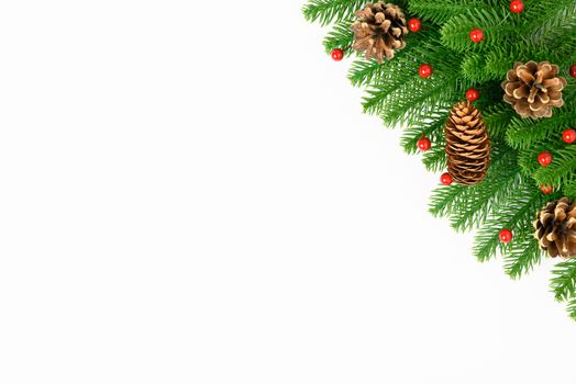 Happy new year or christmas day top view decorative fir tree on white background with copy space for your text