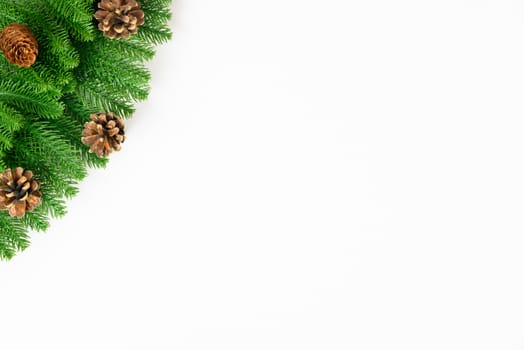 Happy new year or christmas day top view decorative fir tree on white background with copy space for your text