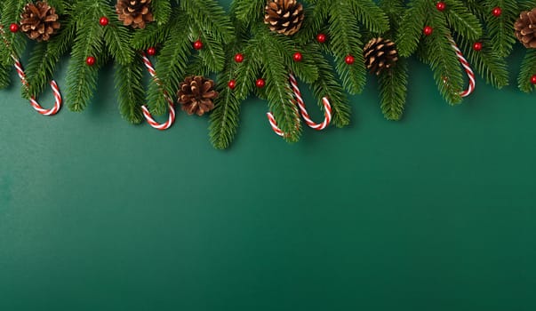 Happy new year, christmas day concept top view flat lay fir tree branches and decoration on Olive Green background with copy space for your text