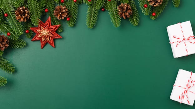 Happy new year, christmas day concept top view flat lay fir tree branches, gift box and decoration