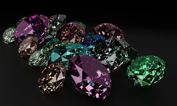 A pile of colorful diamond on dark background. 3D render.