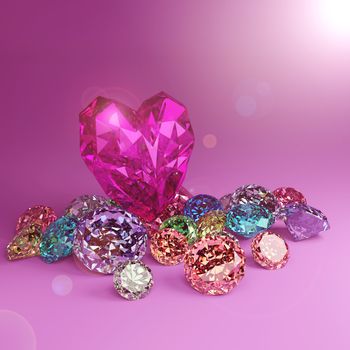 A heart shape diamond on a pile of colorful diamond on pink background with flare. Concept for valentine. 3D render.