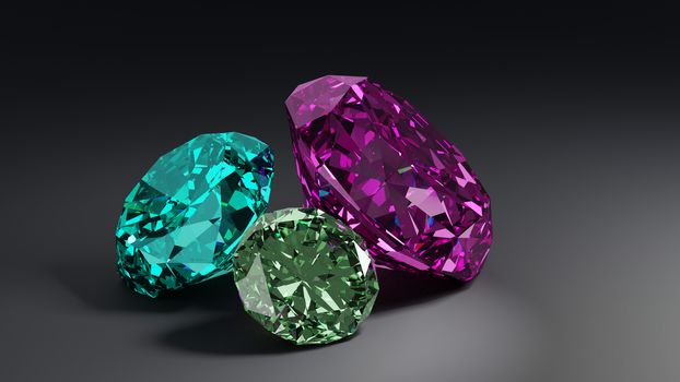 A pile of colorful diamond on grey background. 3D render.