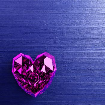 Purple heart shape diamond on blue wooden background. Symbol for valentine day. 3D render.