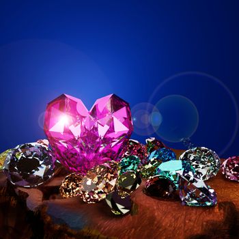 A heart shape diamond on a pile of colorful diamond on brown ground with flare. Concept for valentine. 3D render.