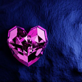 Purple heart shape diamond on rough blue background. Symbol for valentine day. 3D render.