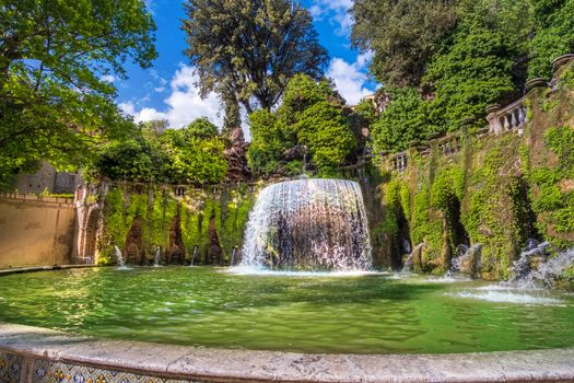 Lazio region landmarks - Villa D Este gardens - Oval Fountain or Fontana del Ovato in Tivoli near Rome - Italy