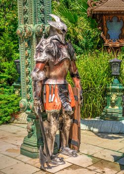 Ravadinovo, Bulgaria – 07.11.2019.  Sculpture of a knight in armor in the castle of Ravadinovo, Bulgaria, on a sunny summer day