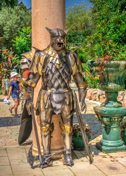 Ravadinovo, Bulgaria – 07.11.2019.  Sculpture of a knight in armor in the castle of Ravadinovo, Bulgaria, on a sunny summer day