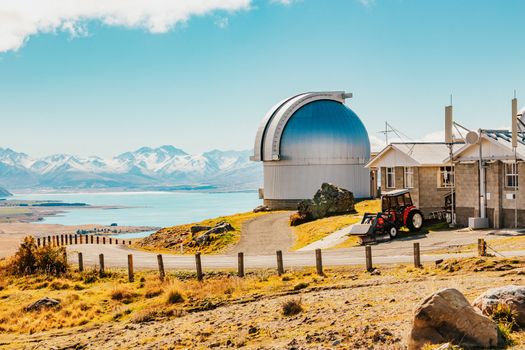 Mount John's Observatory at Mt John in autumn season near Tekapo lake Southern Alps mountain valleys New Zealand