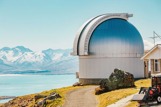 Mount John's Observatory at Mt John in autumn season near Tekapo lake Southern Alps mountain valleys New Zealand