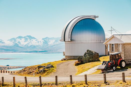 Mount John's Observatory at Mt John in autumn season near Tekapo lake Southern Alps mountain valleys New Zealand