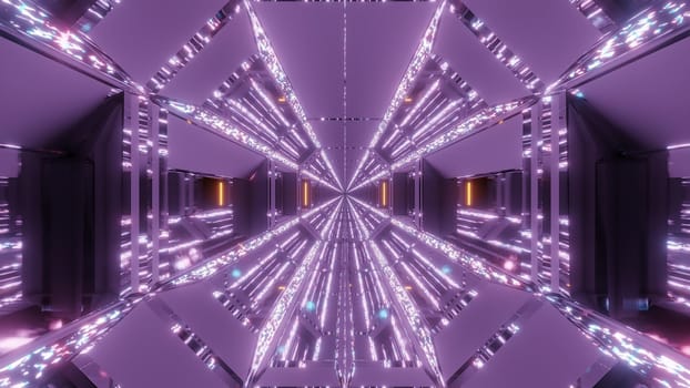 futuristic sci-fi hangar tunnel corridor with glitter glowing diamands christmas texture 3d rendering background wallpaper graphic, modern scifi tunnel 3d illustration with nice reflections