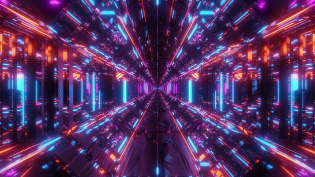 high reflective glowing scifi tunnel corridor with futuristic lights and reflections 3d illustration background wallpaper, endless sci-fi hangar with cool reflections 3d rendering graphic design