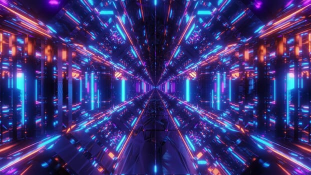 high reflective glowing scifi tunnel corridor with futuristic lights and reflections 3d illustration background wallpaper, endless sci-fi hangar with cool reflections 3d rendering graphic design
