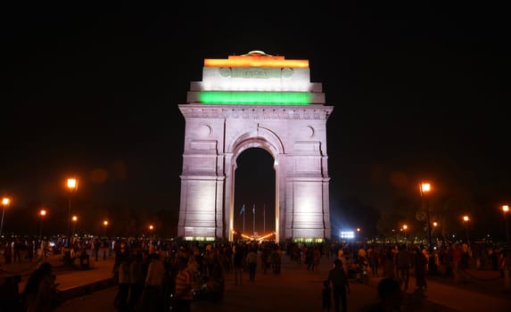 Delhi / India - May 01 2019: The India Gate is a war memorial located astride the Rajpath, on the eastern edge of the "ceremonial axis" of New Delhi,