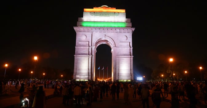 Delhi / India - May 01 2019: The India Gate is a war memorial located astride the Rajpath, on the eastern edge of the "ceremonial axis" of New Delhi,