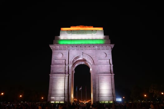 Delhi / India - May 01 2019: The India Gate is a war memorial located astride the Rajpath, on the eastern edge of the "ceremonial axis" of New Delhi,