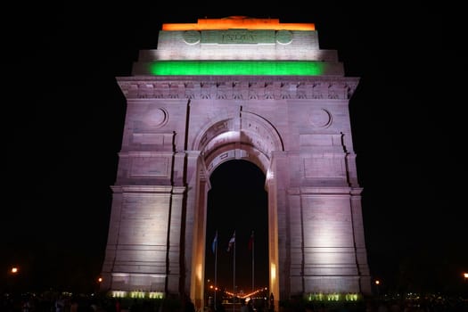 Delhi / India - May 01 2019: The India Gate is a war memorial located astride the Rajpath, on the eastern edge of the "ceremonial axis" of New Delhi,