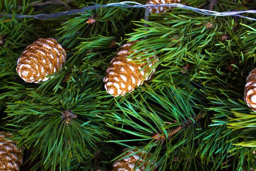 Christmas tree branch with Golden cones and garland