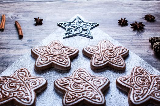 2020 Christmas new year concept of cookies in the shape of a Christmas tree with a star on the top. Holiday cookies, gingerbread pyramid.