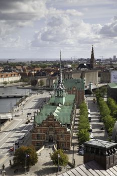 COPENHAGEN, DENMARK - 11 September 2019, Borsen aerial view, also known as Borsbygningen, is a 17th-century stock exchange