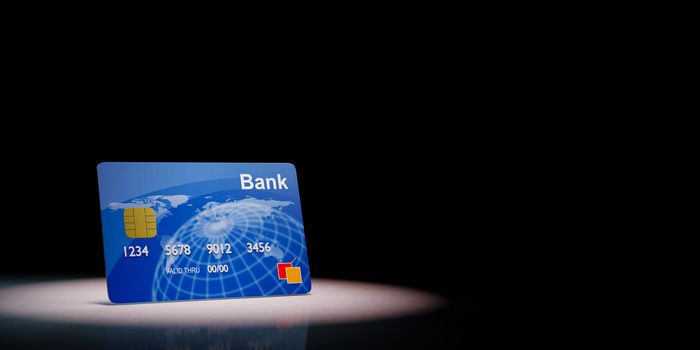 Single Blue Credit or Debit Card Spotlighted on Black Background with Copy Space 3D Illustration