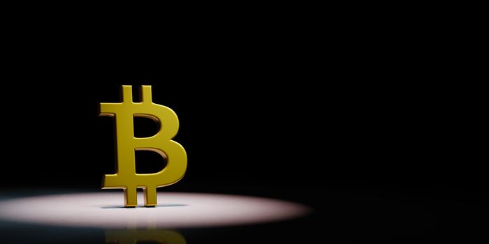 Golden Bitcoin Symbol Shape Spotlighted on Black Background with Copy Space 3D Illustration