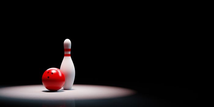 One Single White and Red Skittle with a Red Bowling Ball Spotlighted on Black Background with Copy Space 3D Illustration