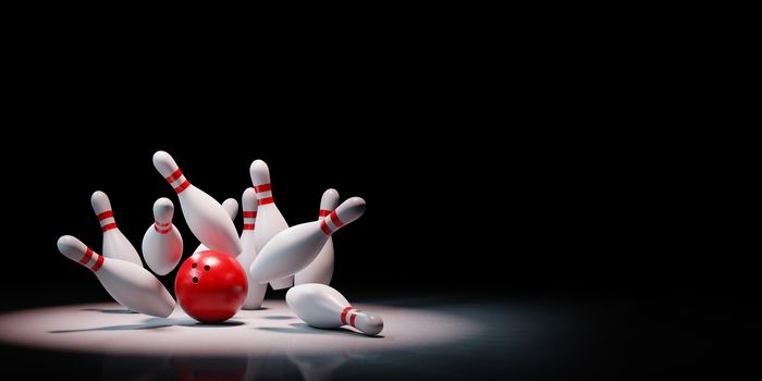 Strike of Red and White Bowling Skittles with Red Ball Spotlighted on Black Background with Copy Space 3D Illustration