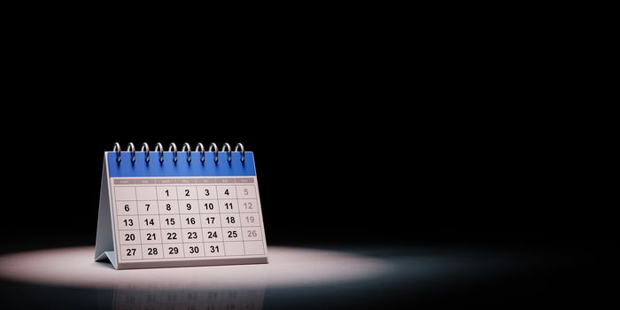 Blue and White Desk Calendar Spotlighted on Black Background with Copy Space 3D Illustration