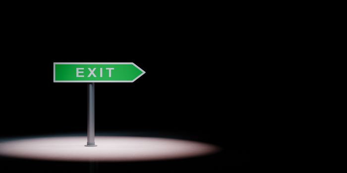 Green Exit Directional Arrow Spotlighted on Black Background with Copy Space 3D Illustration