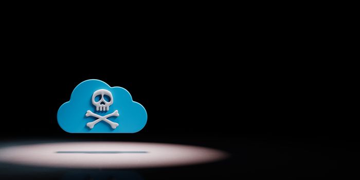 Blue Cloud 3D Shape with Pirate Skull Symbol Spotlighted on Black Background with Copy Space 3D Illustration