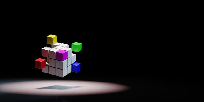 Combining Multicolor Cubes Spotlighted on Black Background with Copy Space 3D Illustration