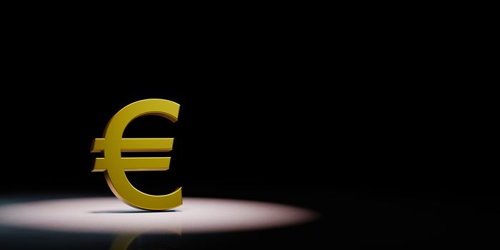 Golden Euro Currency Symbol Shape Spotlighted on Black Background with Copy Space 3D Illustration