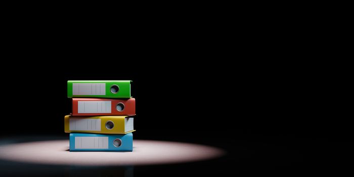Heap of Colorful Binders Spotlighted on Black Background with Copy Space 3D Illustration