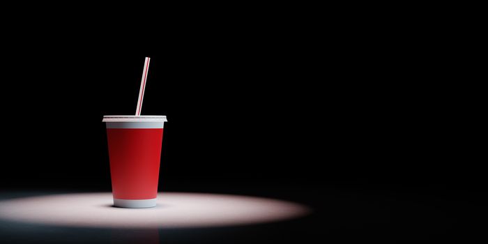 One Single Red Fast Food Drinking Cup with Straw Spotlighted on Black Background with Copy Space 3D Illustration