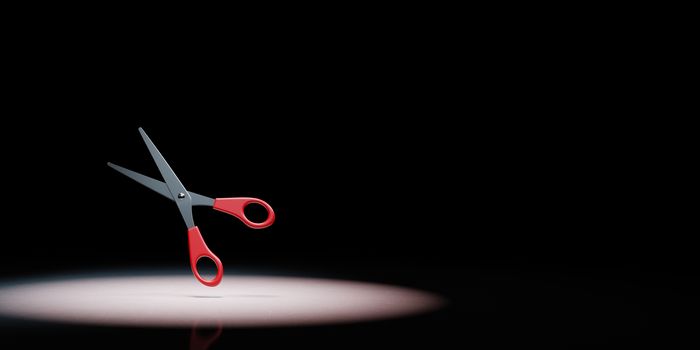 Pair of Metal Scissors with Red Hilt Spotlighted on Black Background with Copy Space 3D Illustration