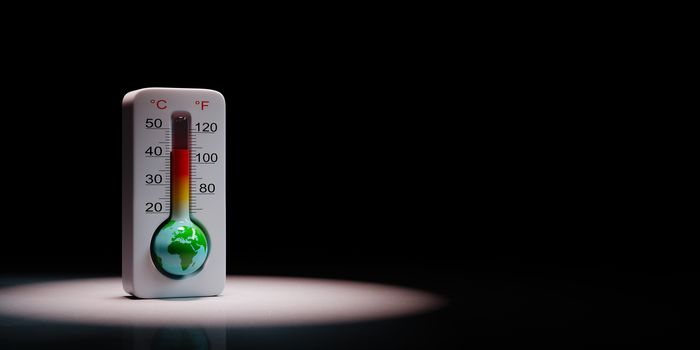 Earth in the Shape of a Thermometer Spotlighted on Black Background with Copy Space 3D Illustration, Global Warming Concept