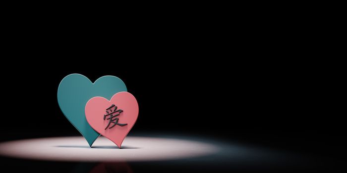 Two Blue and Red Heart Shapes with Chinese Character Love Spotlighted on Black Background with Copy Space 3D Illustration